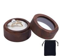 Beebeecraft Round Wood Ring Box Transparent Lid White Wooden 1 Slot Ring Case Holder with Clear Window Rectangle Velvet Pouch for Wedding Engagement Ceremony Proposal