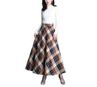 Beeblily Women's High Waist Plaid Long Skirt Vintage A-line Wool Midi Skirt Fall/Winter Pleated Skirt Khaki 3XL