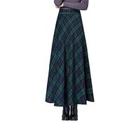Beeblily Women's Plaid Wool Long Skirt Vintage High Waist A-line Fall/Winter Midi Skirt Green 3XL