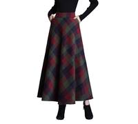 Beeblily Women's Plaid Wool Long Skirt Vintage High Waist A-line Fall/Winter Midi Skirt Green 3XL