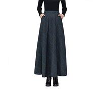 Beeblily Women's Plaid Wool Long Skirt Vintage High Waist A-line Fall/Winter Midi Skirt Grey Blue 3XL