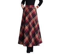 Beeblily Women's Plaid Wool Long Skirt Vintage High Waist A-line Fall/Winter Midi Skirt Red 3XL
