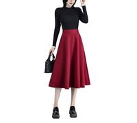 Beeblily Women's Winter Long Skirt Vintage Plaid Wool High Waist A-line Fall Elegant Midi Skirt 7068 Wine Red XL(Elastic Waist:83CM)