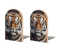 Beech Wood Bookends for Shelves, Tiger Print Space-Saving Modern Design with Iron Base, Ideal for Office, Home, and Library