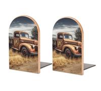 Beech Wood Bookends with Iron Support, Old Truck Car Print Decorative Bookends Space-Saving Adjustable Book Holders for Home & Office