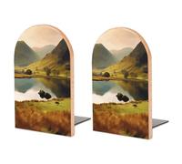 Beech Wood & Iron Bookends, Lake District National Park Print Contemporary Bookends Heavy-Duty Book Holder with Modern Design for Library and Office Use