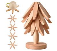 Beech Wood Tree Shape Trivets - 4 Wooden Trivets + 1 Stand Stored Like a Christmas Tree
