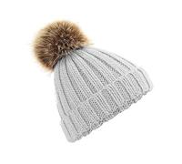 Beechfield B412b Junior Faux Fur Pom Pom Chunky Beanie Light Grey