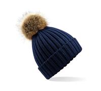 Beechfield Faux Fur Pop Pom Chunky Beanie - Navy