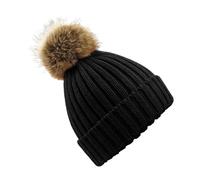 Beechfield Fur Pop Pom Chunky Beanie in Black Beechfield Black One Size