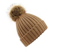 Beechfield Fur Pop Pom Chunky Beanie in Medium Beige Beechfield Medium Beige One Size