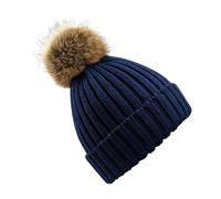 Beechfield Fur Pop Pom Chunky Beanie in Navy Beechfield Navy One Size