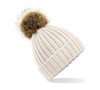 Beechfield Men's Pom Pom Faux Fur Chunky Knit Beanie in Beige Beechfield Beige One Size