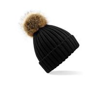 Beechfield Men's Pom Pom Faux Fur Chunky Knit Beanie in Black Beechfield Black One Size