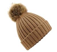 Beechfield Men's Pom Pom Faux Fur Chunky Knit Beanie in Light Brown Beechfield Light Brown One Size