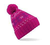 Beechfield Unisex Knitted Snowflake Pom Pom Hat, Unisex, B456, Fuchsia/Magenta/White,