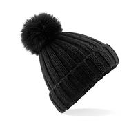 Beechfield Verbier Faux Fur Pop Pom Chunky Beanie One Size Black
