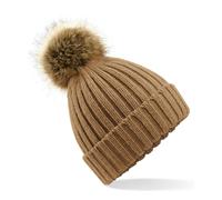 Beechfield Women's Snowfall Rib Knit Acrylic Pom Beanie {BC412} - Biscuit Brown