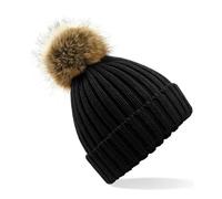 Beechfield Women's Snowfall Rib Knit Acrylic Pom Beanie {BC412} - Black