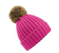 Beechfield Women's Snowfall Rib Knit Acrylic Pom Beanie {BC412} - Fuchsia Pink