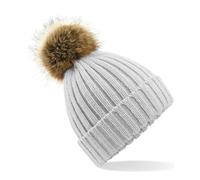 Beechfield Women's Snowfall Rib Knit Acrylic Pom Beanie {BC412} - Light Grey