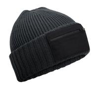 Beechfield - Zip Patch Beanie Beanie with Double Layer Knit - Beanie Hat Men, Beanie Hats for Women, Winter Hat, Thermal Hat - Contains Recycled Polyester Graphite Black