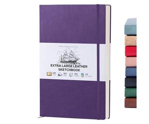 Beechmore Books A3 Sketchbook - 11.7"x16.5" Premium Vegan Leather Bound Extra Large Sketch Book Hardcover, 160gsm 160 Perforated Ivory Pages, Blank Sketch Pad, Gift Boxed, Back Pocket, Ribbon Bookmark