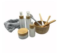 BEECO GIF2U Face Mask Mixing Bowl Set 9 Pack DIY Facemask Applicator Tool Kit with Empty Bamboo Cap Refillable Cosmetic Frost Glass Container Kits for Beauty Skincare
