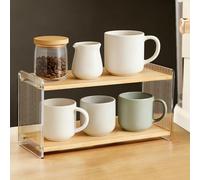 BeeCoAoo 2-Tier Coffee Station Organizer, Acrylic & Pine Wood Mug Holder for Coffee Bar & Matcha Station, Easy-to-Clean Countertop Shelf, Modern Minimalist Design