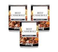 Beef Casserole, Rich & Meaty, 392g, Pack Of 3, Rich beef casserole featuring tender chunks of meat and vegetables in a thick, flavourful gravy, perfectly portioned at 392g per tin
