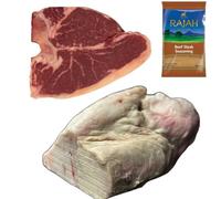 Beef T-Bone & Beef Cod Fat 1kg with Rajah Seasoning | Halal Premium Pack for BBQ & Grilling | Juicy T-Bone Steak with Flavorful Cod Fat & Rajah Spice Blend