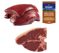 Beef T-Bone & Beef Liver 1kg Bundle with Rajah Seasoning | Halal Premium Combo for BBQ, Grilling & Traditional Dishes | High Protein & Full Flavor Pack