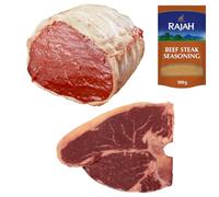 Beef T-Bone & Topside 1kg Bundle with Rajah Seasoning | Halal Premium Combo for BBQ, Roasting & Curries | Tender, Juicy & Flavorful Steak Pack