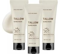 Beef Tallow Sunscreen SPF 30, SPF 30 Non Toxic Zinc Oxide Sunblock, Natural Mineral Sun Cream for Body & Face, Reef Safe, Waterproof,Non Greasy & Moisturising Suncream for Summer Outdoor Travel (3PCS)