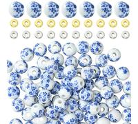 BEEFLYING 100Pcs Round Ceramic Beads 9mm Blue Flower Porcelain Beads and 40Pcs Spacer Beads Kits for Jewelry Braceket Craft Making Diy