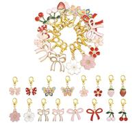 BEEFLYING 16 Pcs Pink Stitch Marker Charms for Knitting and Crocheting, Locking Enamel Flower Butterfly Bowknot Cherry Knitting Marker Pendant Charms with Removable Clasp for Crocheting