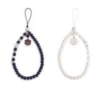 BEEFLYING 2 Pcs Glass Pearl Cell Phone Lanyard Wrist Strap Black White Pearl Beaded Phone Lanyard Strap with Rose Pendant Hand Wrist Lanyard Strap for Phone Case Keychain Wallet Decor(Black&White)
