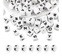 BEEFLYING 20 Pieces White Cube Letter Silicone Beads 12mm Square Dice Alphabet Initial Large Hole Loose Spacer for Bracelet Necklace Jewelry Making Decoration (Letter K)