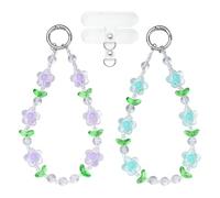 BEEFLYING 2Pc Beaded Phone Wrist Strap Cute Phone Charm Strap Wristlet with Flower Green Leaf Resin Beads for Case Keychains Card Wallets Detachable(Purpel Blue)