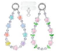 BEEFLYING 2Pc Beaded Phone Wrist Strap Cute Phone Charm Strap Wristlet with Flower Green Leaf Resin Beads for Case Keychains Card Wallets Detachable(Pink and Mix)