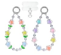 BEEFLYING 2Pc Beaded Phone Wrist Strap Cute Phone Charm Strap Wristlet with Flower Green Leaf Resin Beads for Case Keychains Card Wallets Detachable(Mix)