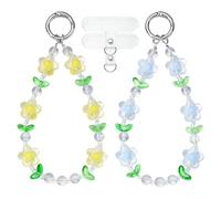 BEEFLYING 2Pc Beaded Phone Wrist Strap Cute Phone Charm Strap Wristlet with Flower Green Leaf Resin Beads for Case Keychains Card Wallets Detachable(Yellow Blue)