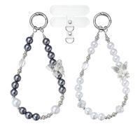 BEEFLYING 2Pc Beaded Phone Wrist Strap Cute Phone Charm Strap Wristlet with Pearl Crystal Butterfly Beads for Case Keychains Card Wallets Detachable(Black White)