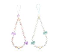 BEEFLYING 2Pcs Phone Bracelet Strap Cute Mobile Phone Charm Wrist Straps, Lily of the Valley Blue Purple Flower Crystal Beads Pearls Cellphone Wristlet Lanyard for Keychain Bag Charm