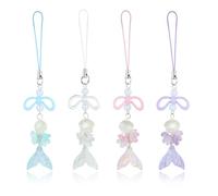 BEEFLYING 4Pcs Acrylic Cute Mermaid Tail Phone Charm Straps with Flowers and Shell, Y2K Charms for Cellphone Keychain Bags Cameras Earphones Pendant