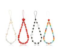 BEEFLYING 4Pcs Phone Wrist Straps Cute Phone Charm Bracelet Straps, Red Heart White and Black Beaded Pearls Crystal Cellphone Wristlet Lanyard for Keychain Bag Charm