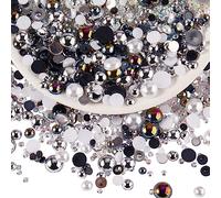 BEEFLYING 60g Mix Flatback Pearls & Resin Rhinestones Half Round Pearl Beads for Crafts 3mm-10mm Half Pearl Rhinestone for Face Art Tumblers Bottles Clothes Gift Card Jewelry Decor(Silver Black)