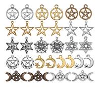 BEEFLYING 75 Pieces Pentacle Star Charms Moon Pentagram Witch Magic Pendants Vintage Round Circles Halloween Metal Pendants for DIY Jewelry Making Crafts Supplies