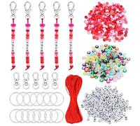 BEEFLYING 750 pcs Beaded Keychain Making Kit, Keyring DIY Kit with Pony Round and Letter Beads Acrylic European Beads Swivle Clasps Key Rings and Nylon Thread for Keyring Making Craft (Red)