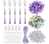 BEEFLYING 750 pcs Beaded Keychain Making Kit, Keyring DIY Kit with Pony Round and Letter Beads Acrylic European Beads Swivle Clasps Key Rings and Nylon Thread for Keyring Making Craft (Purple)